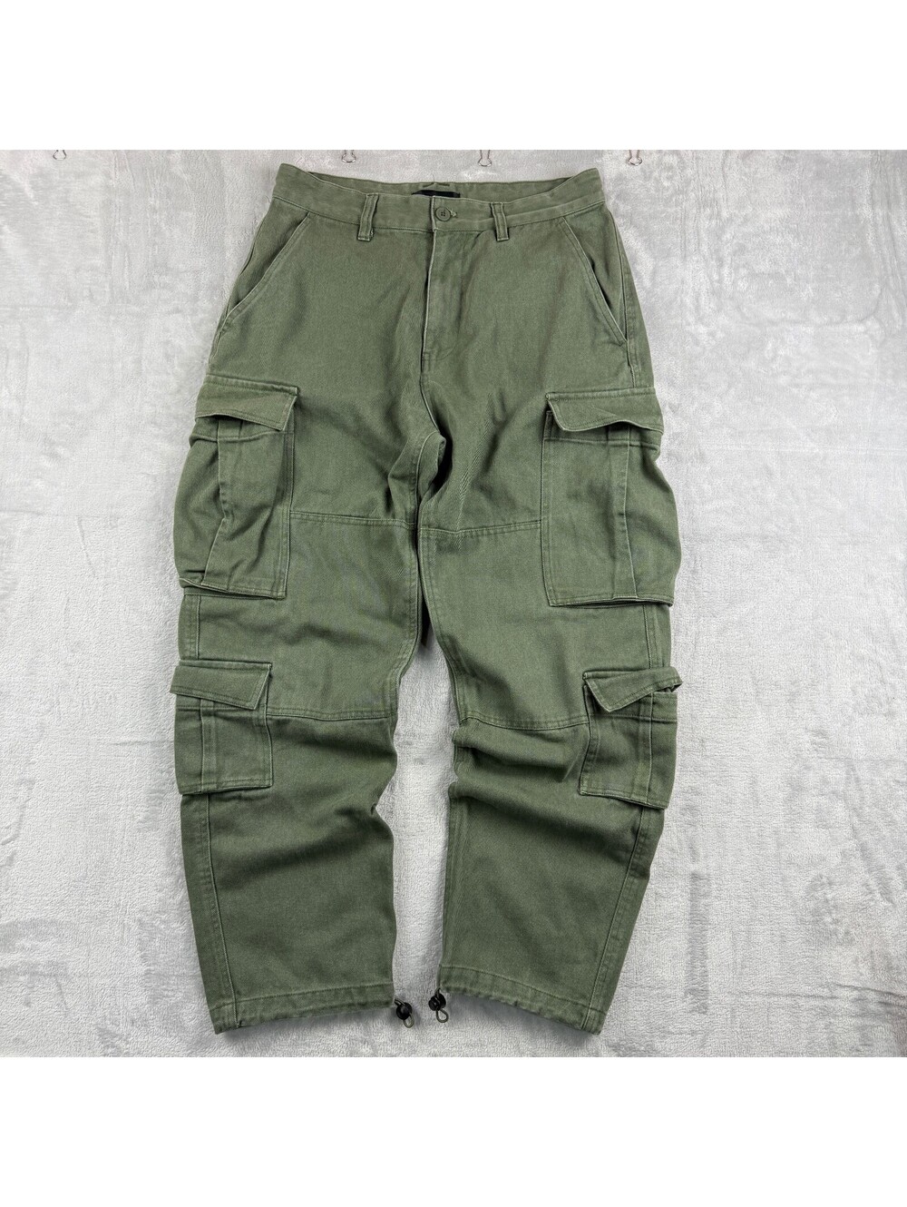 Oak+Fort Men 32 Cargo Pants Olive Green Multi Pocket Drawstring Hem Heavyweight